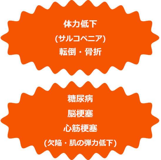 体力低下(サルコベニア)・転倒・骨折・糖尿病・脳閉塞・心筋梗塞・(欠陥・肌の弾力低下)